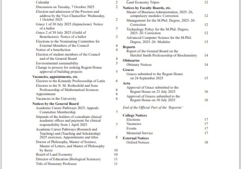 First page of an issue of the Cambridge University Reporter publication.